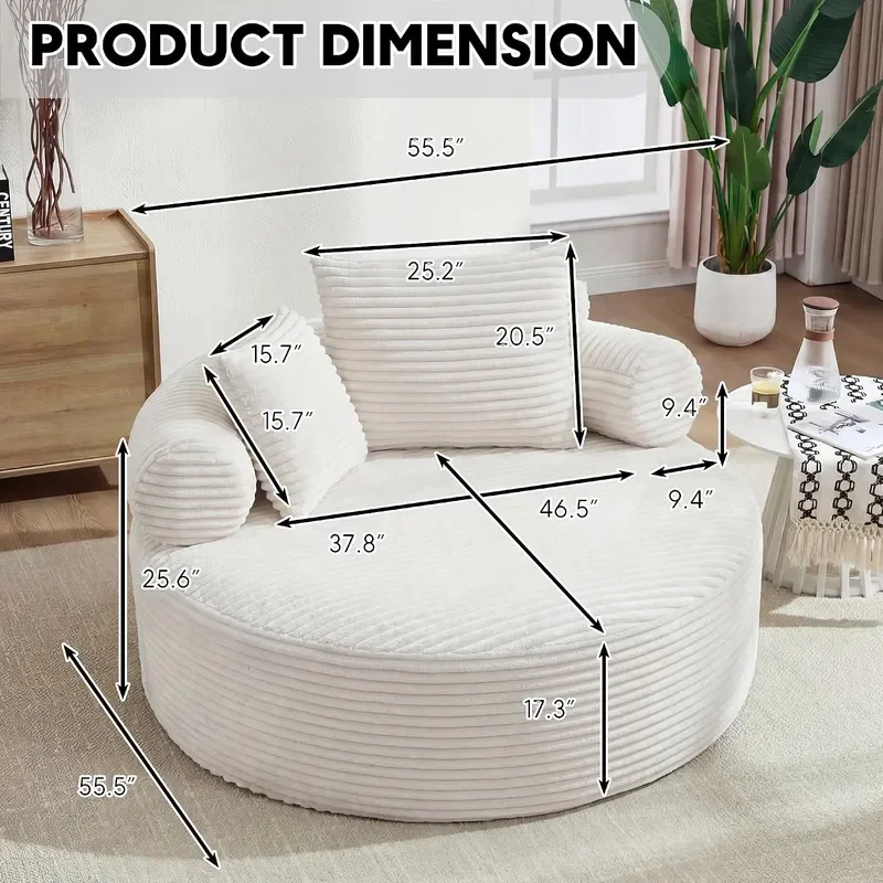 Oversized Round Chair Lounge Chaise Indoor 55.5 Upholstered Corduroy Deep Seat Single Cloud Sofa Chair Fluffy Modern Large