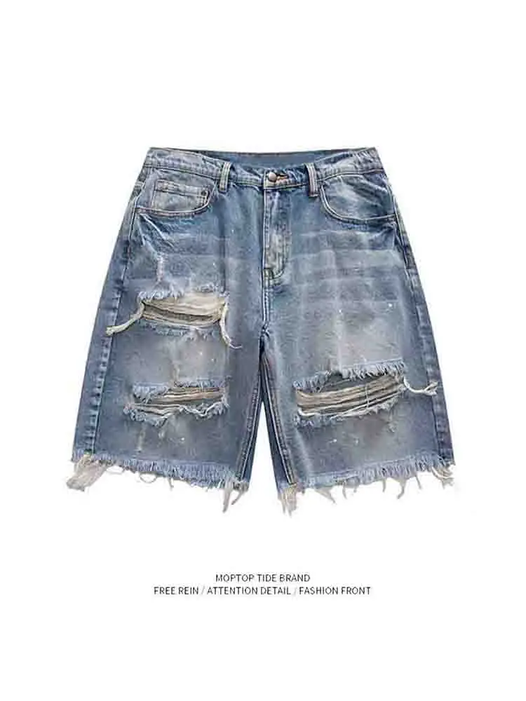 

Рваные джинсовые брюки, мужские свободные прямые брюки с пятью точками в американском стиле ретро, повседневные хлопковые джинсы Design Sense