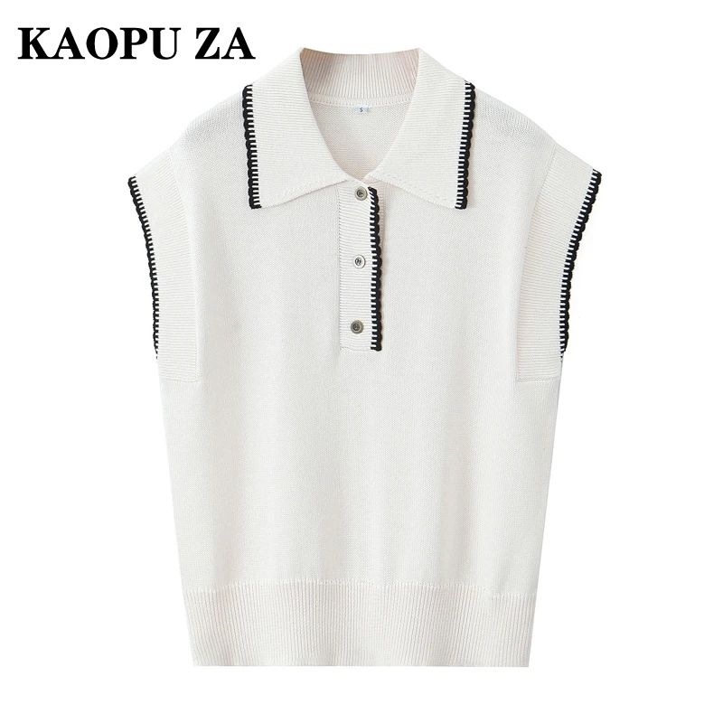 KAOPU ZA 2024 New Female Turn-down Collar Knitted Top Vest Woman's Button Sleeveless Sweater Regular Fit Gilet Waistcoat Striped