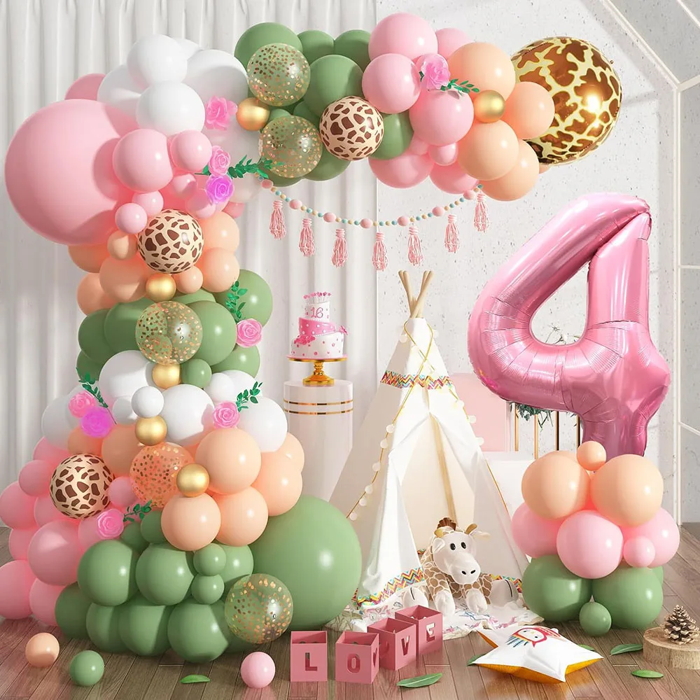 1St Jungle Safari Birthday Party Decoration, Pink Sage Green 1St Jungle Hunting Balloon Garland Arch Kit with Numbers 1 Aluminum Foil Balloon,