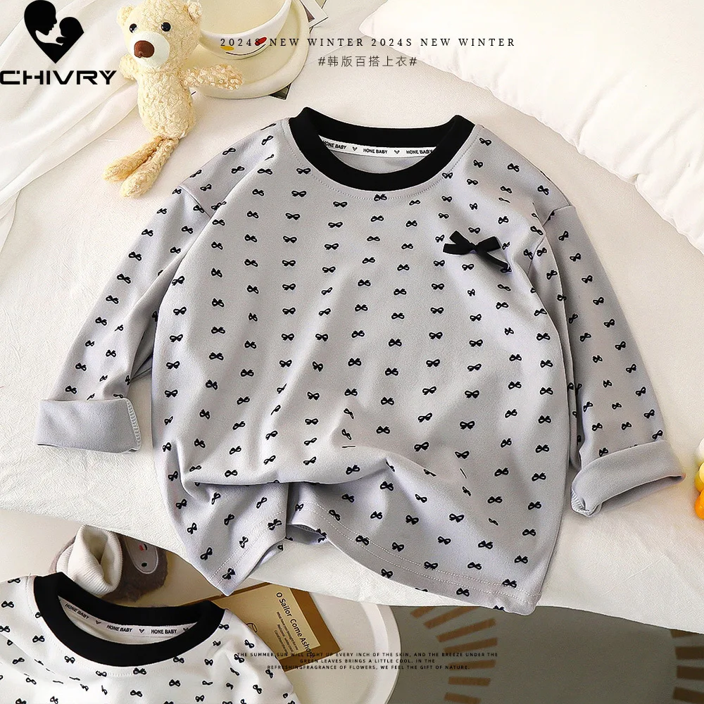 New 2025 Girls Cute Cartoon Bowknot Long Sleeve O-neck Soft T-shirt Tops Kids Children's Autumn Winter Loose Pullover Sweatshirt