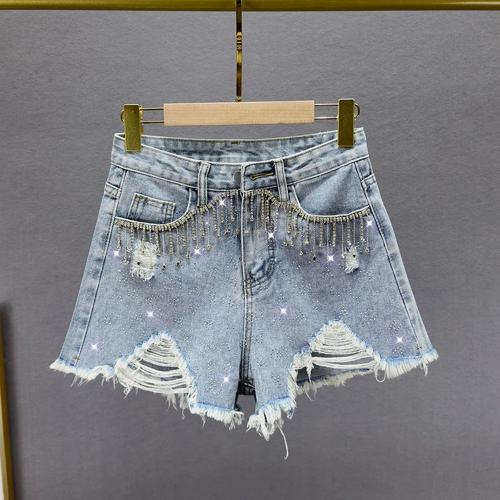 Bright Diamond Tassel Design Women's Jeans Summer High Waist Loose Version Casual Style Trendy Streetwear Hot Pants For Women