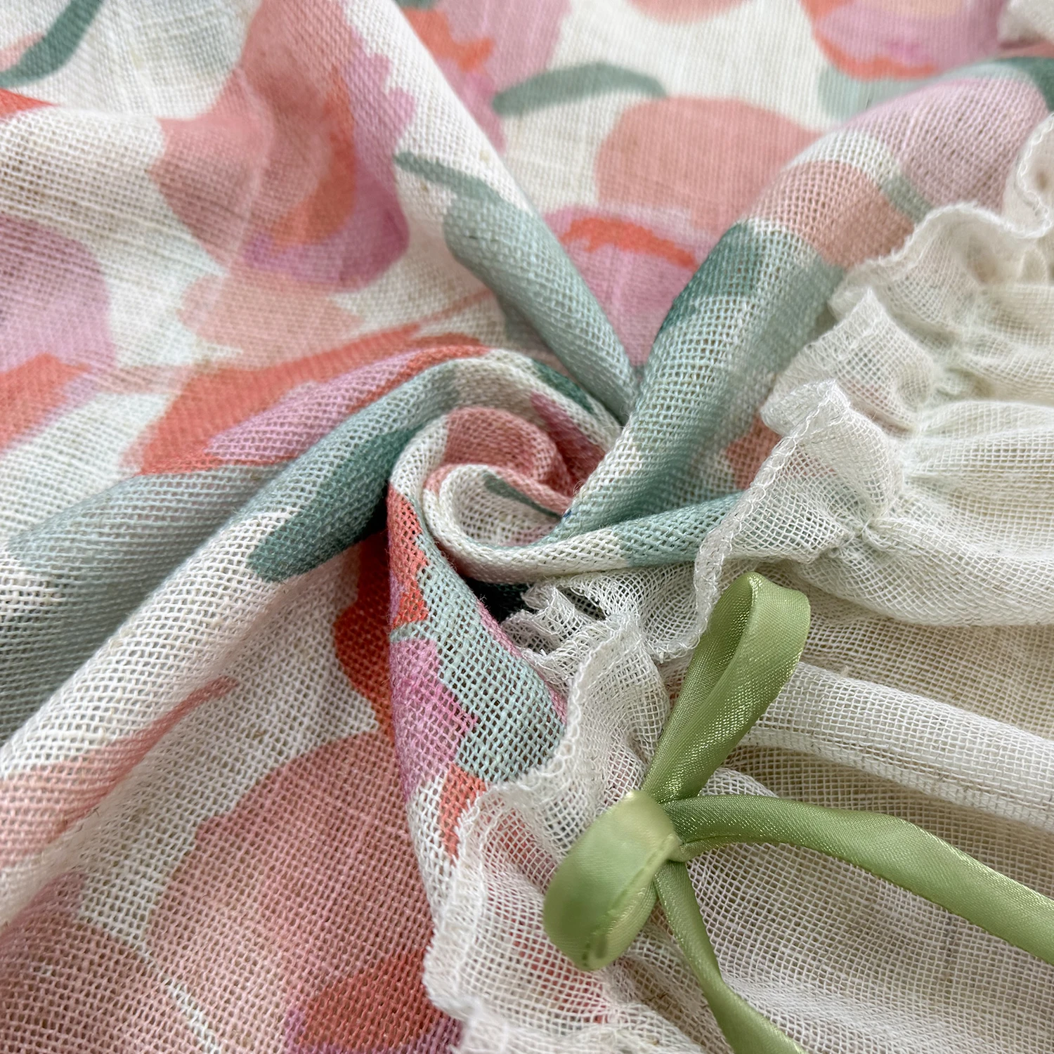 1PC Rustic Pink Floral Stitching Short Curtain for Small Window Kitchen Drape With Tulips Cabinet Cafe Home Decoration #E
