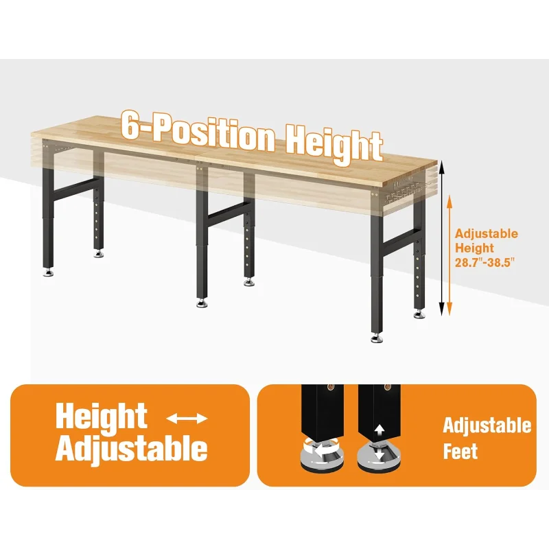 96“ Adjustable Heavy Duty Workbench with 4 AC Outlet and 2 USB Ports Power Outlets, 5000 Lbs Capacity, Rubber Wood Top