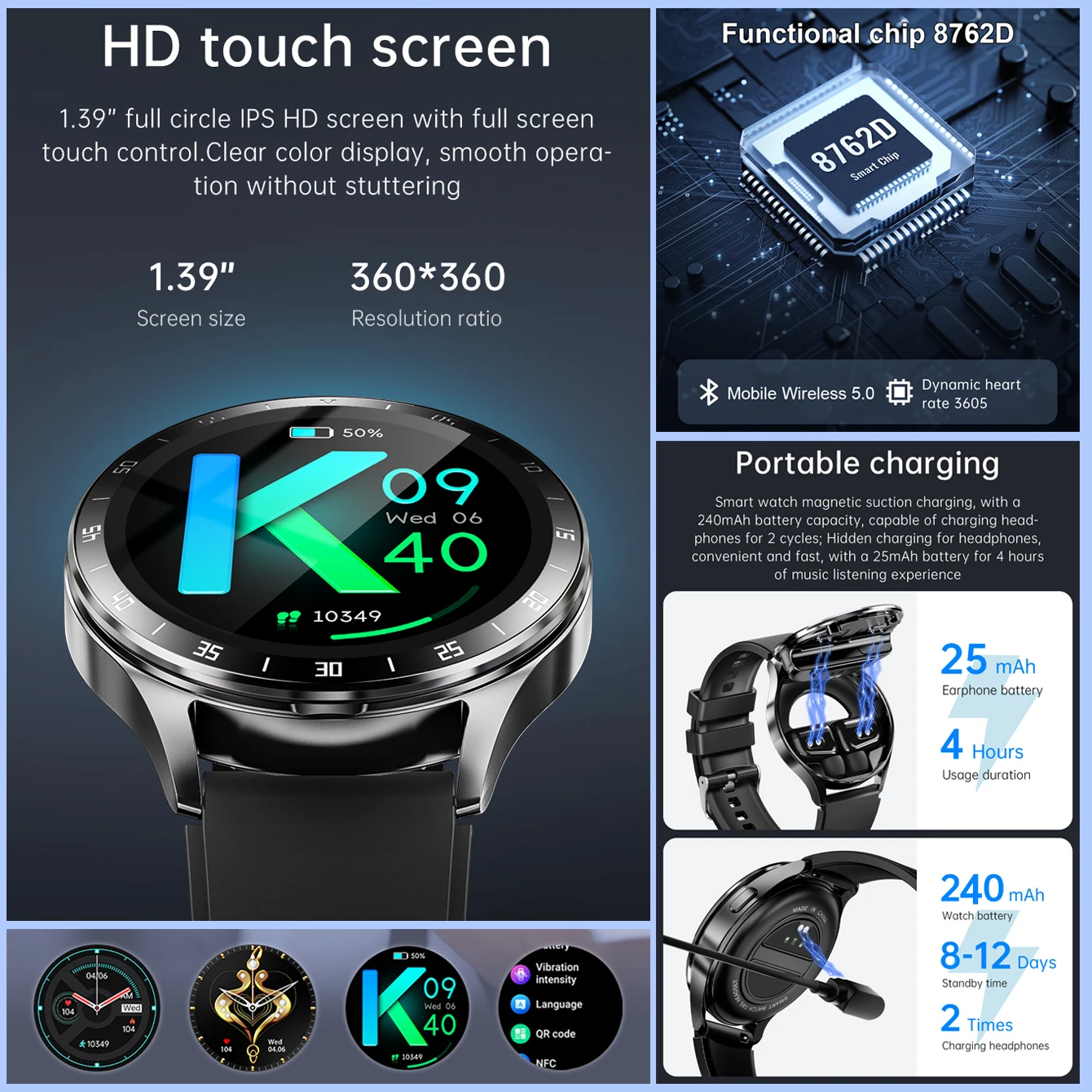 For Huawei Smartwatch TWS Earphone 2-in-1 Bluetooth Call Heart rate Sleep Monitor Sport tracker NFC Clock Smartwatch Men Women