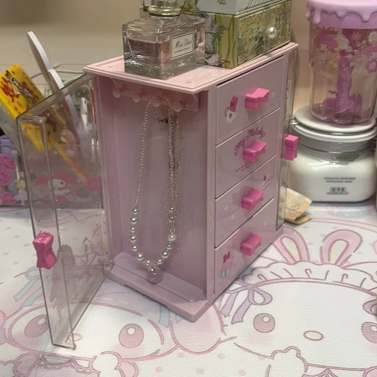 Kawaii Sanrio 4 Drawer Desktop Storage Cabinet My Melody Jewelry Trinket Organizer Box Plastic Cosmetic Small Accessories Drawer view 6
