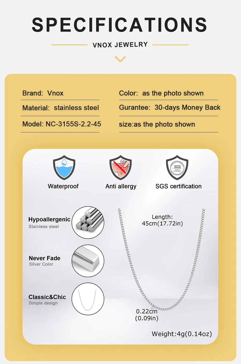 Vnox 45/50/55/60/65/70/80cm Silber- und Goldfarbene Gliederkette, Klassische Halskette für Männer, Edelstahl Mode Alltagsschmuck Geschenk – Detail 4
