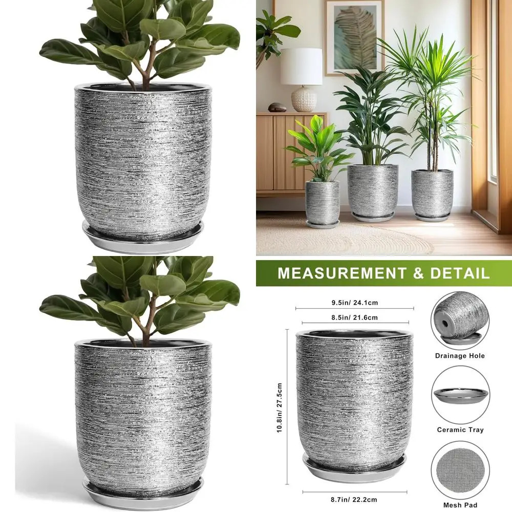 

10 Inch Plant Pot - Outdoor and Indoor Cylinder Planter with Drainage Hole and Saucer, Perfect for Garden and Home Decor, Silver