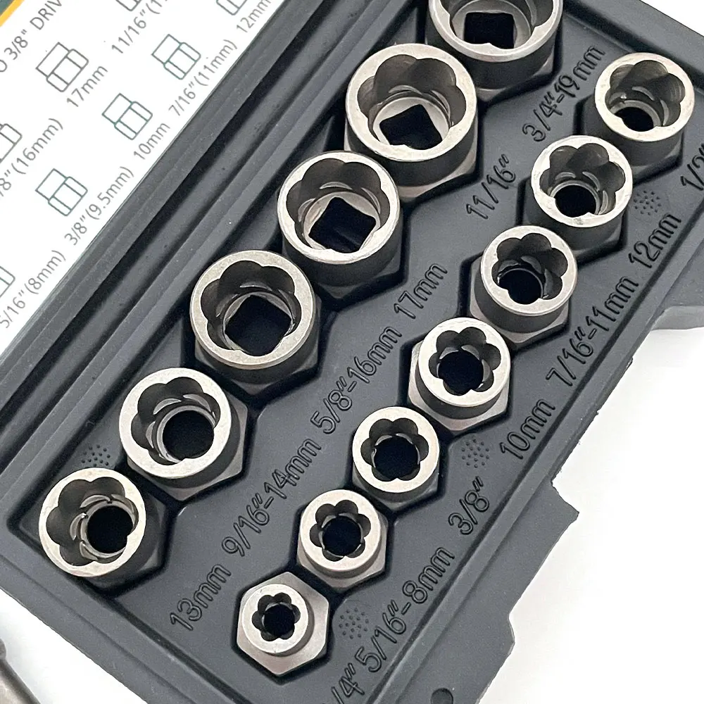 14 Pcs Impact Bolt & Nut Remover Set Cr-Mo Steel Bolt Extractor Tool Set with Solid Storage Case for Industrial