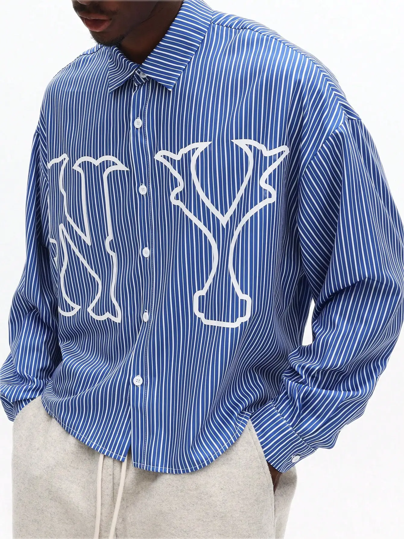 

Oversized Long Sleeve Button-Down Shirt with Bold Outline Graphic Print and Vertical Stripes