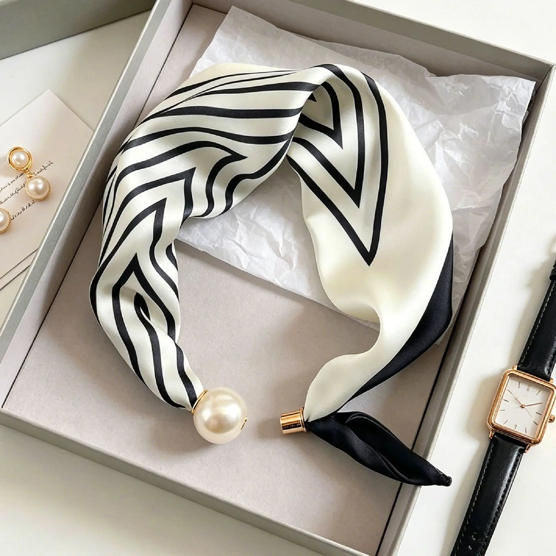 Elegant Chic Pearl Stripe Scarfs Women Fashion Convenient Magnetic Buckle Scarf Pearl Tail Artistic Accessory Neck Wrap Scarves