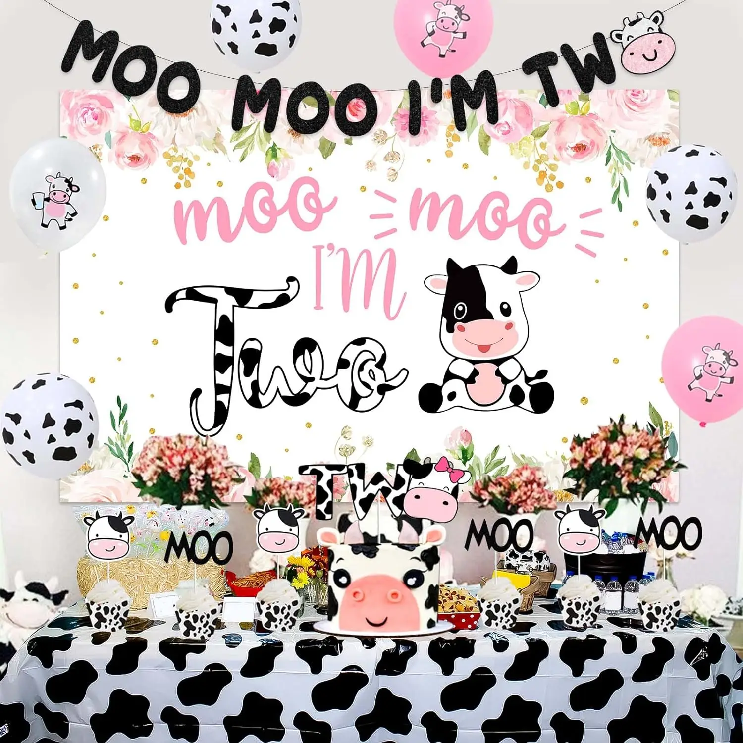 joymemo Cow 2nd Birthday Decorations for Girl Moo Moo I’m Two Backdrop Banner Cow Balloon Pink Farm Animal Second Party Decor