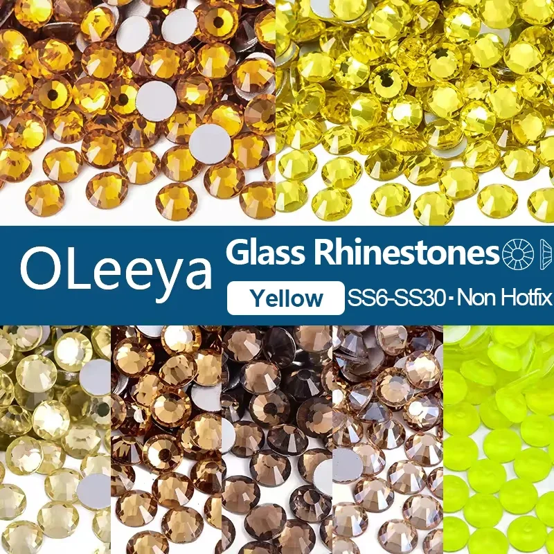 OLeeya Yellow Topaz SS6-SS30 Non-Hotfix Rhinestones Citrine Glass Crystal Flatback Strass Glue on Stones for Nail Art DIY Decor
