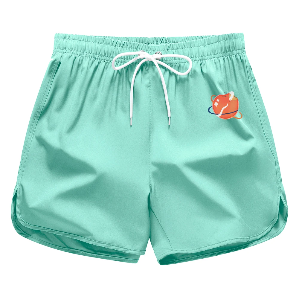 New Summer Beach Shorts With Apple And Snake Print Stylish Athletic Shorts With Pockets Drawstring And Split Hem Design