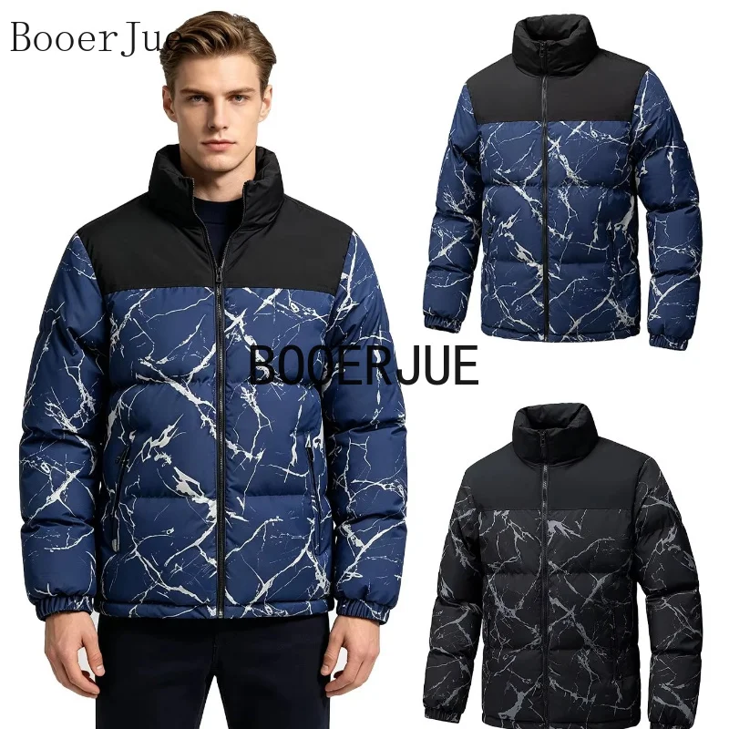 Marble Camo Splicing Men’s Winter Stand‑Collar Padded Jacket Windproof Elastic Cuffs Zipper Outdoor Camping Fishing Snow Sports