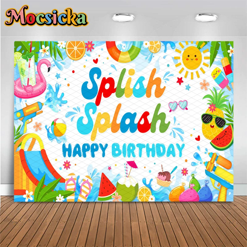 Mocsicka Splish Splash Happy Birthday Backdrops Water Park Photography Background Kids Child Summer Pool Party Photo Booth Props