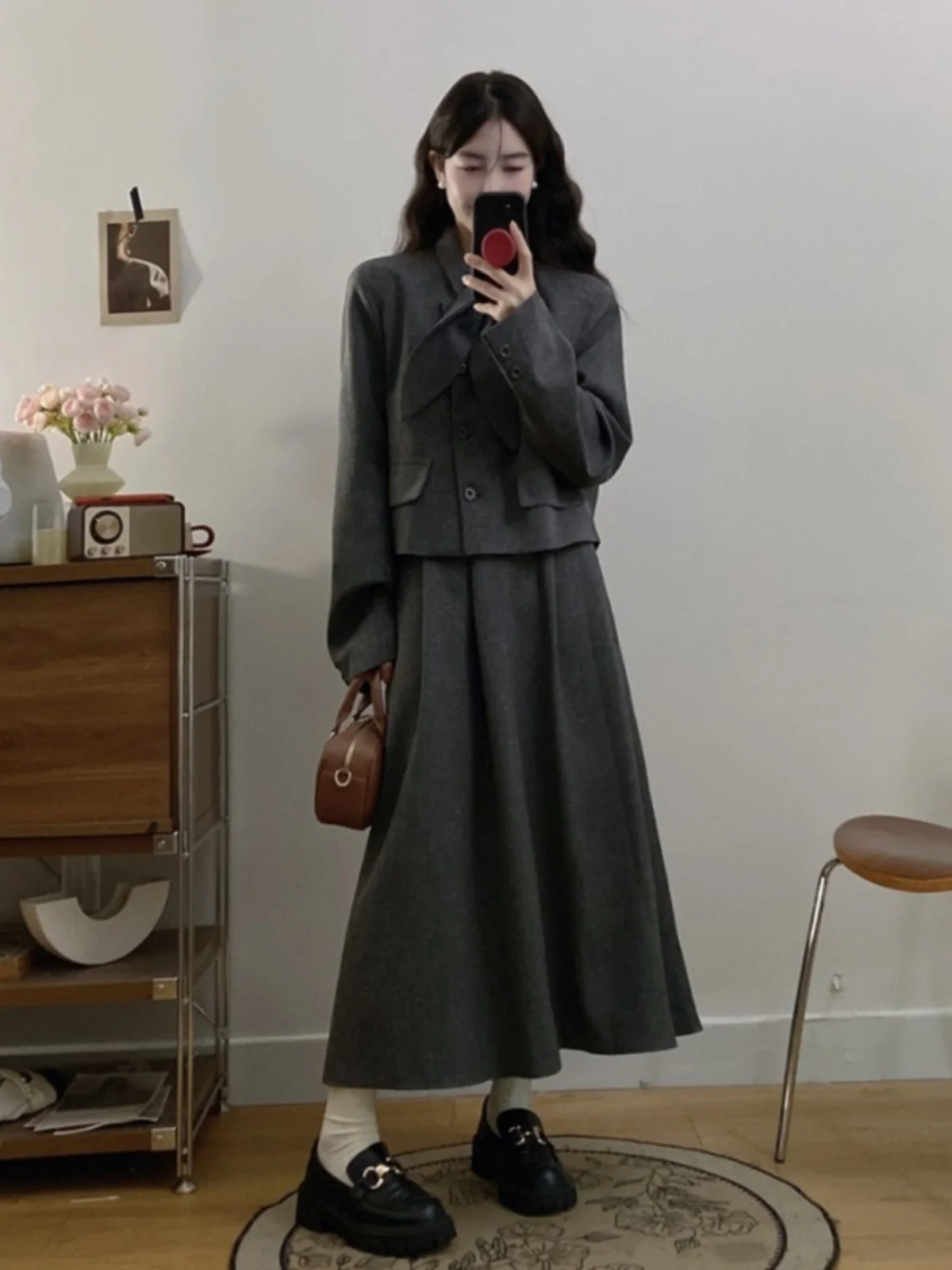 

plus Size Grey Woolen Suit Set for Women Pear Shape Slimming High Waist Skirt And Jacket Two Piece Set Fashionable Workwear