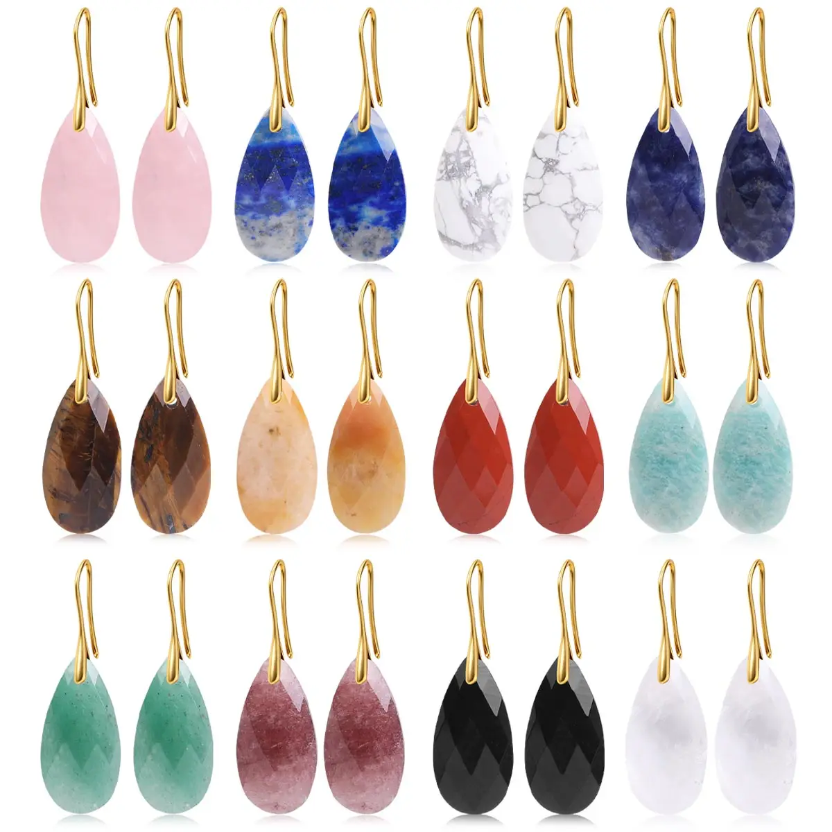 Natural Stone Faceted Teardrop Earring Rose Quartz Amazonite Bohemian Style Women Earrings Exquisite Birthday Party Jewelry Gift