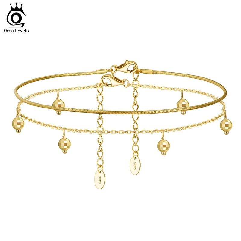 ORSA JEWELS 925 Sterling Silver Snake Chain&Cable Chain with Beads Chain Anklets for Women Summer Foot Chain Jewelry SSA06