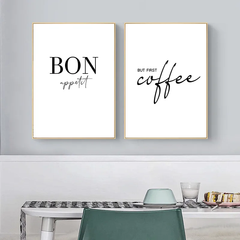 Kitchen Art Decor But First Coffee Poster Bon Appetit Print Black White Wall Art Canvas Painting For Dining Room Home Decoration