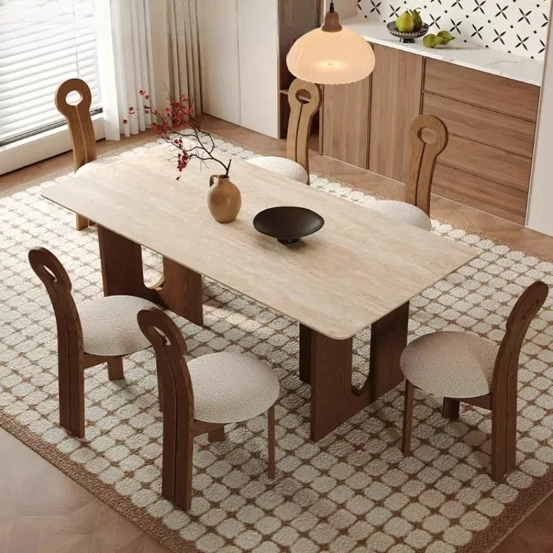 

B travertine rock slab dining table and chair combination ash wood retro