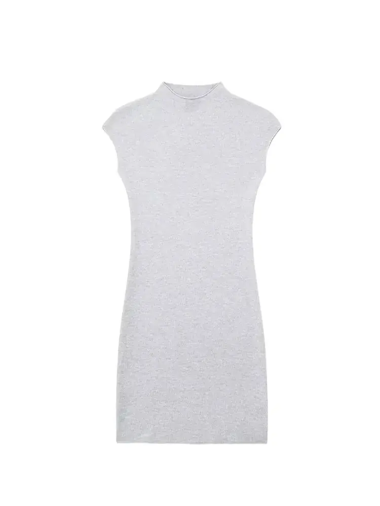 TRZA Women Fashion Stretch Knit Mini Dress Vintage High Neck Sleeveless Female Dresses Vestidos Mujer