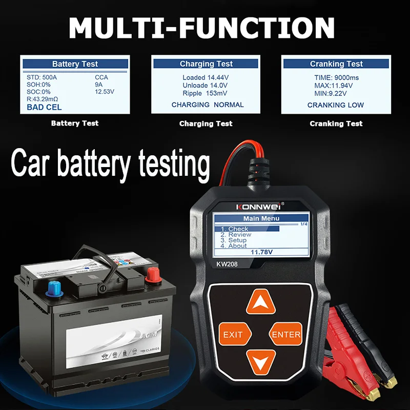 KONNWEI KW208 12V Car Battery Tester 100 to 2000CCA Cranking Charging Circut Tester Battery Analyzer 12 Volts Battery Tools