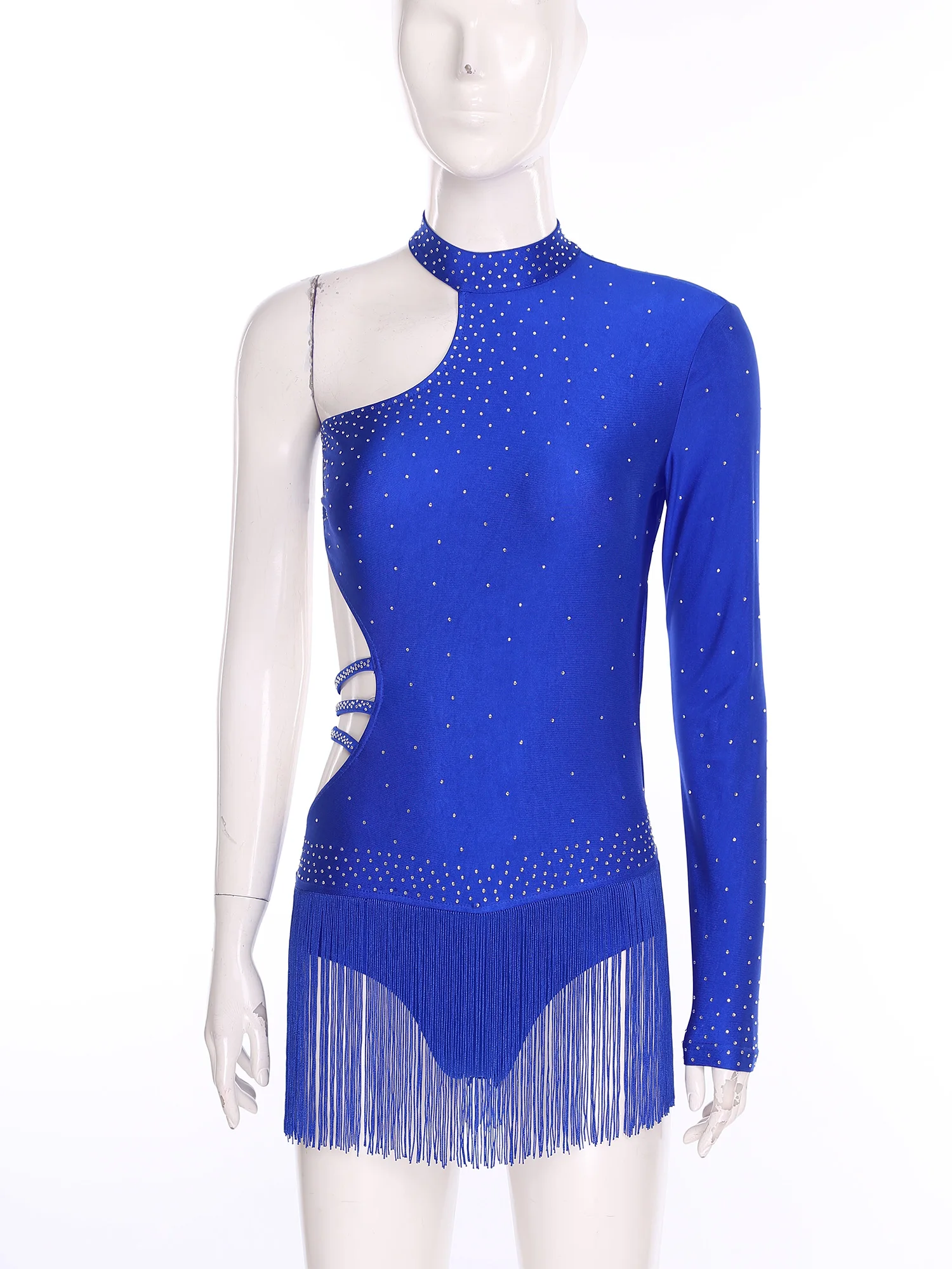 Vrouwen Latin Dance Turnpakje Een Schouder Strass Backless Kwastje Bodysuit voor Kunstschaatsen Cha-cha Tango Samba Rumba Ballroom