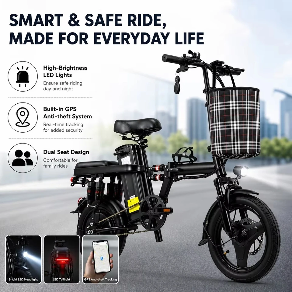 Folding Electric Bike 500W Peak Brushless Motor 48V15Ah Removable Lithium Battery Dual Seat E-Bike 14 Inch Foldable Electric Bicycle with GPS Anti-theft System Dual Disc Brake for Commute image 4