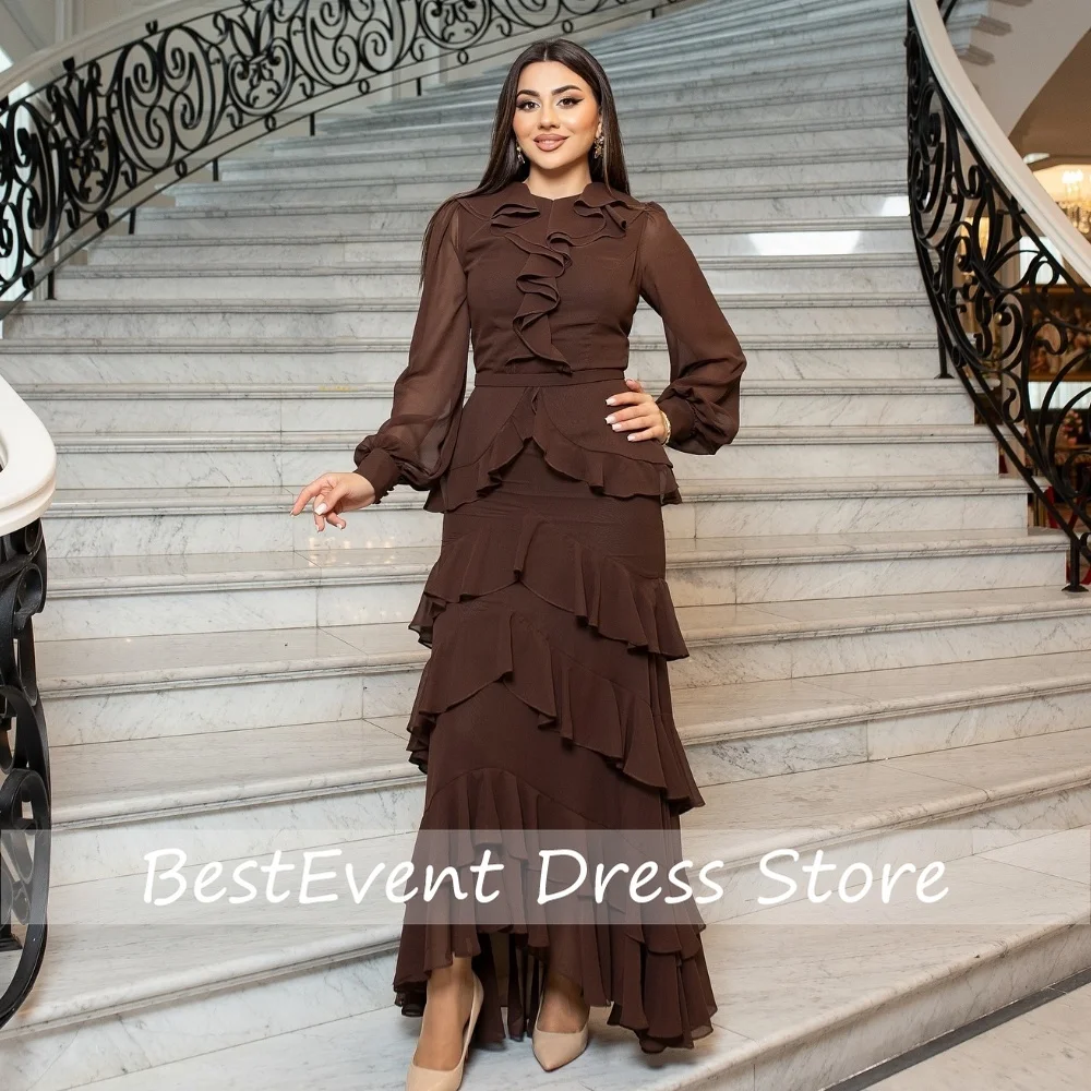 Customized Chiffon Pleat Tiered A-line High Collar Bridal Prom Dresses Bespoke Occasion Long Sleeve Evening Dresses High Quality