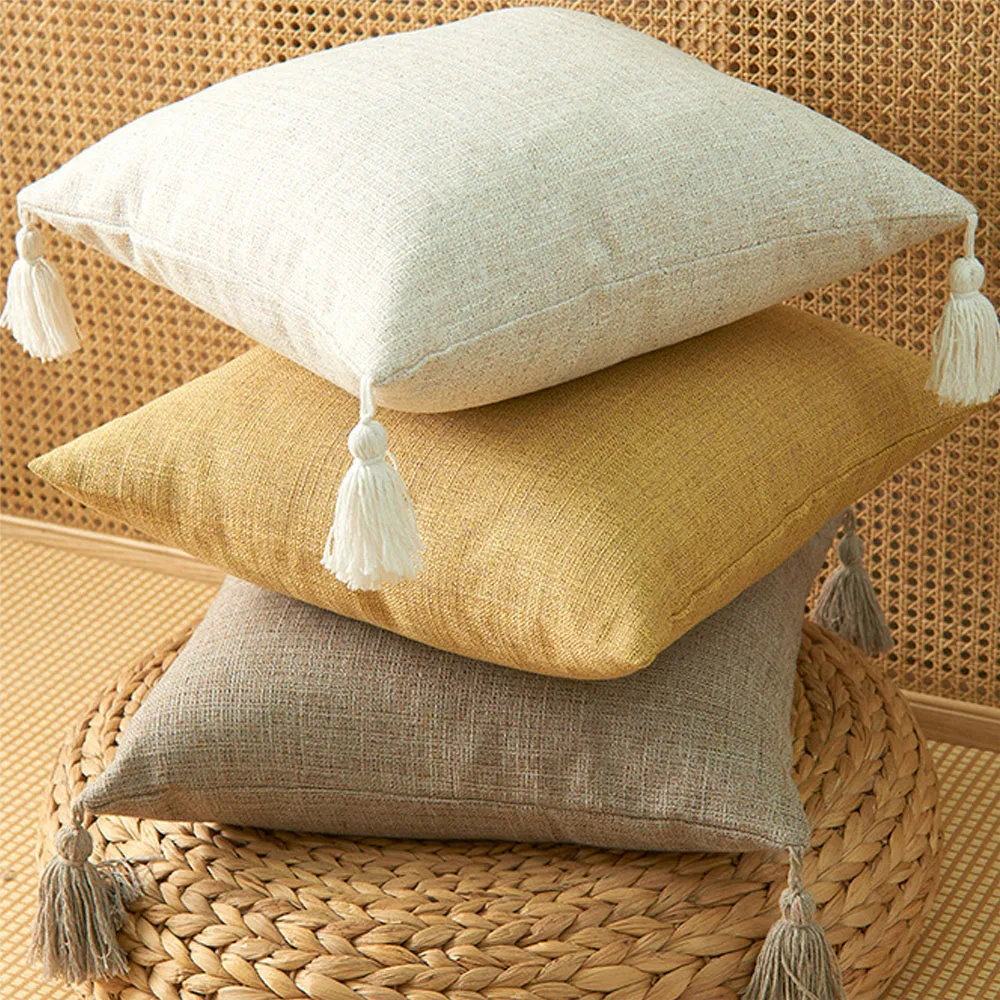 

Solid Color Cushion Cover Tassel Pillowcase Cotton Linen Pillow Cover Home Textiles Pillowcase Decoration Comfortable Cushion