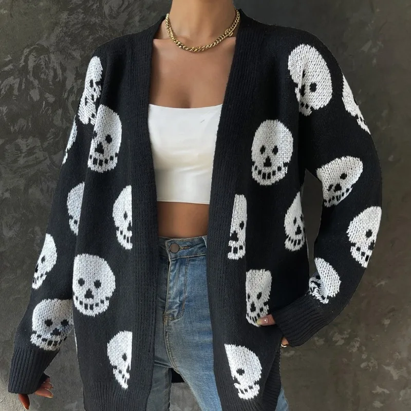 Leosoxs Womens Halloween Gothic Knitted Cardigan Long Sleeve Open Front Skull Print Knitwear Sweater for Women 2024