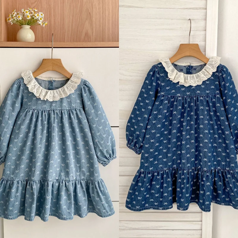 kids denim dress 26 autumn girls cute print lace bow long sleeve dresses
