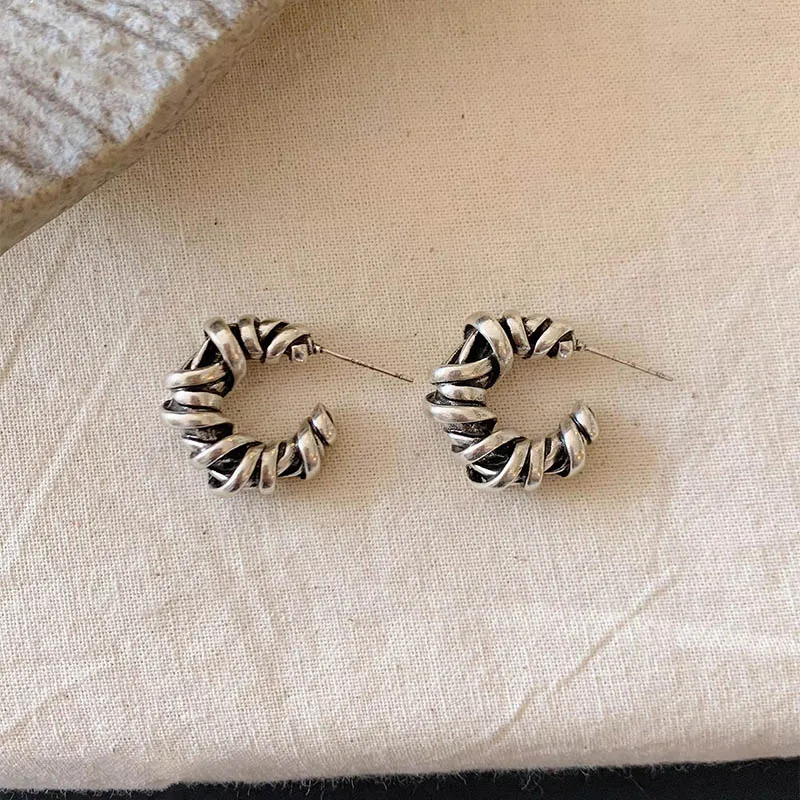 Foxanry Lines Winding C-shaped Stud Earrings For Women Vintage Creative Fashion Simple Prevent Allergy Daily Party Jewelry Gifts