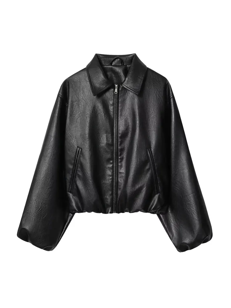 Giacca bomber da donna in ecopelle manica lunga capispalla chic orlo elastico top alla moda femminile