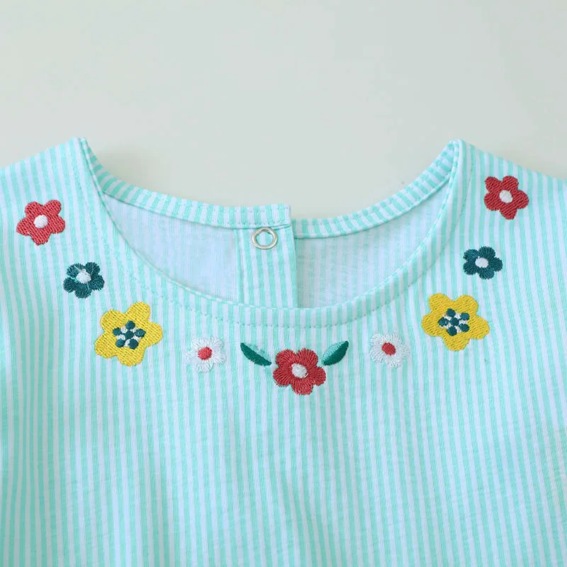 TUONXYE Girls Summer Dress Striped Flutter Sleeve Floral Butterfly Embroidery A-line Dress Kid Casual Cotton Clothes Back Button
