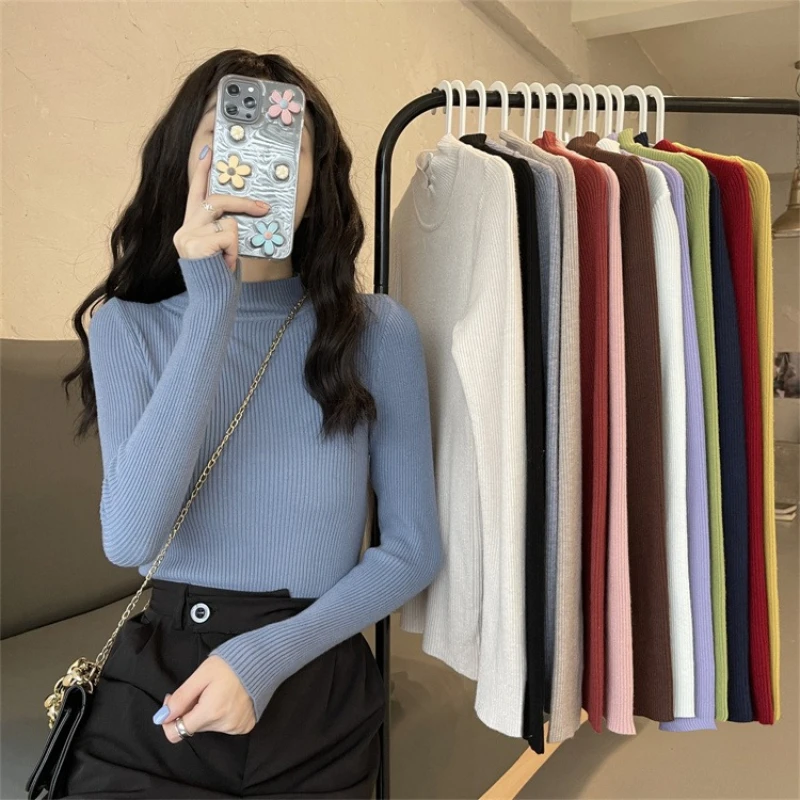 AOSSVIAO Mock‑Neck Knit Women Pullover 2026 Autumn Winter New Chic Long‑Sleeve Versatile Sweater Basic Layering Knit Base Tops