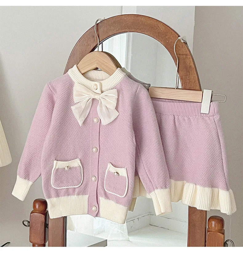 Girls Clothes for Kids 2 Pieces Sets Cardigan Sweater Skirt Sweet Cute O-neck Single Breaested Princess Solid Color Bowknot