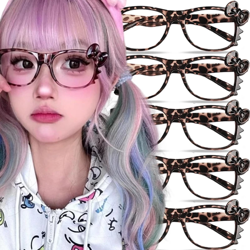 

Harajuku Style Vintage Leopard Print Glasses Bow Kitten Frame Sweet Cool Woman Girls Y2K Cartoon Large Oval Frame Eyeglasses