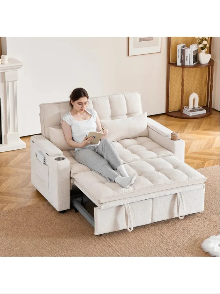 Sofa rozkładana 3 w 1 o szerokości 142 cm, z regulowanym oparciem, miękkimi poduszkami na siedzisko i oparcie oraz 2 poduszkami lędźwiowymi, boczną półką i uchwytem na napoje. — 2
