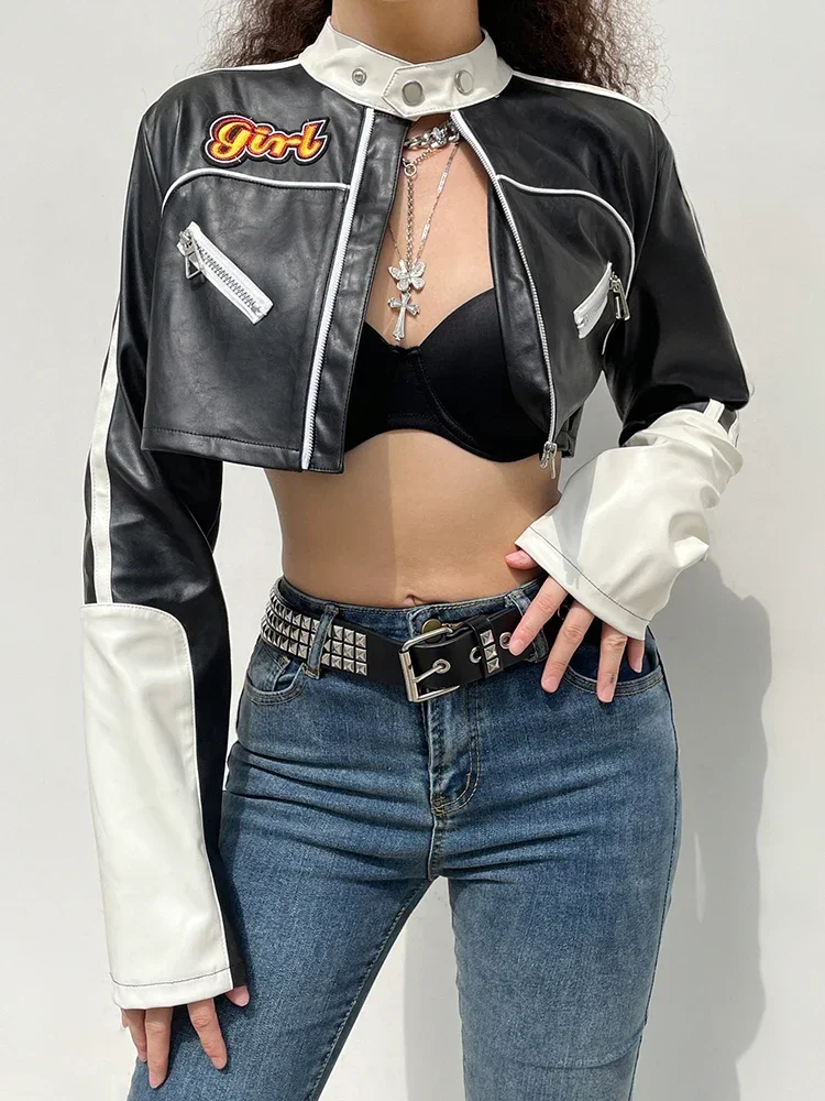 Darlingaga-jaqueta de couro PU recortada estilo punk para mulheres, streetwear retalhos, casaco básico com zíper, jaqueta de outono e inverno, cor contrastante