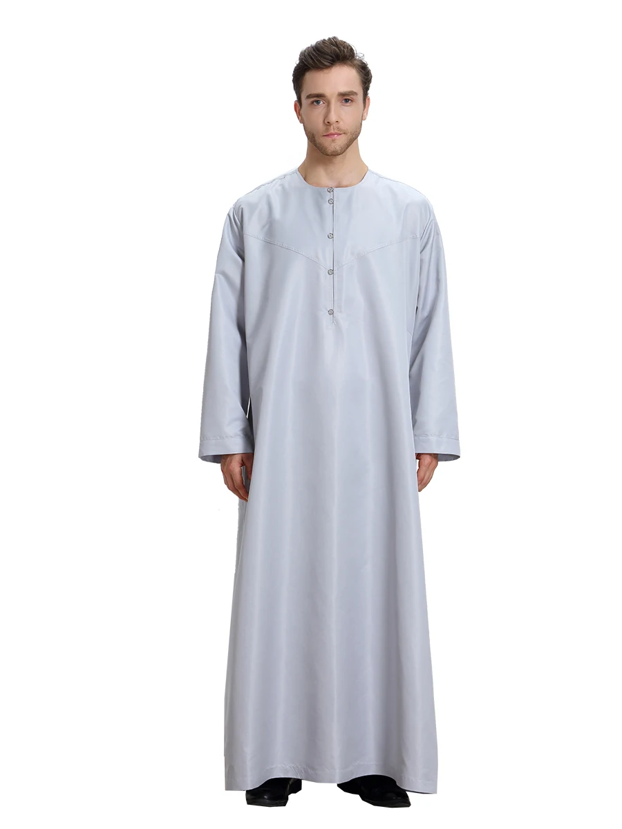 Hommes musulmans couleur unie manches longues col rond bouton Robe arabe mâle adulte cheville longueur Thobe Ramadan Eid vêtements