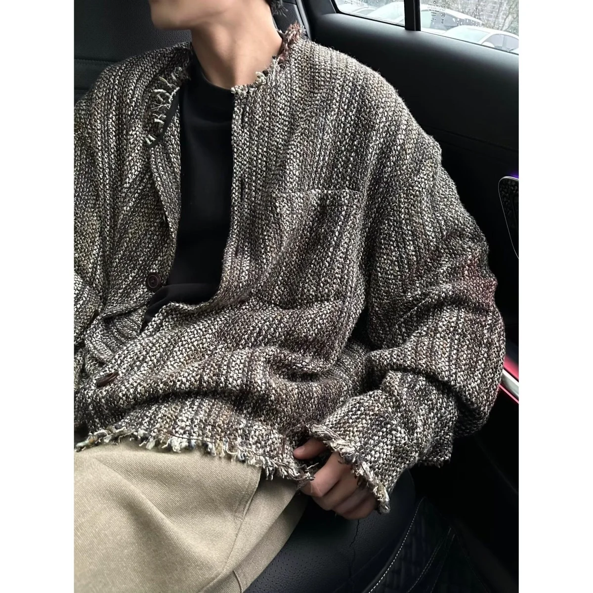 

Retro Japanese Harajuku Sle Men's Jaet Couple Matching Knit Frayed Collarl Coat Autumn Winter Stand Fit Long Sve