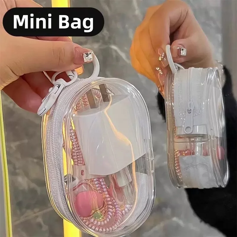 Portable Mini Transparent Storage Bag with Zipper, Multifunctional Headphone and Charger Case, Travel Accessories with Keychain