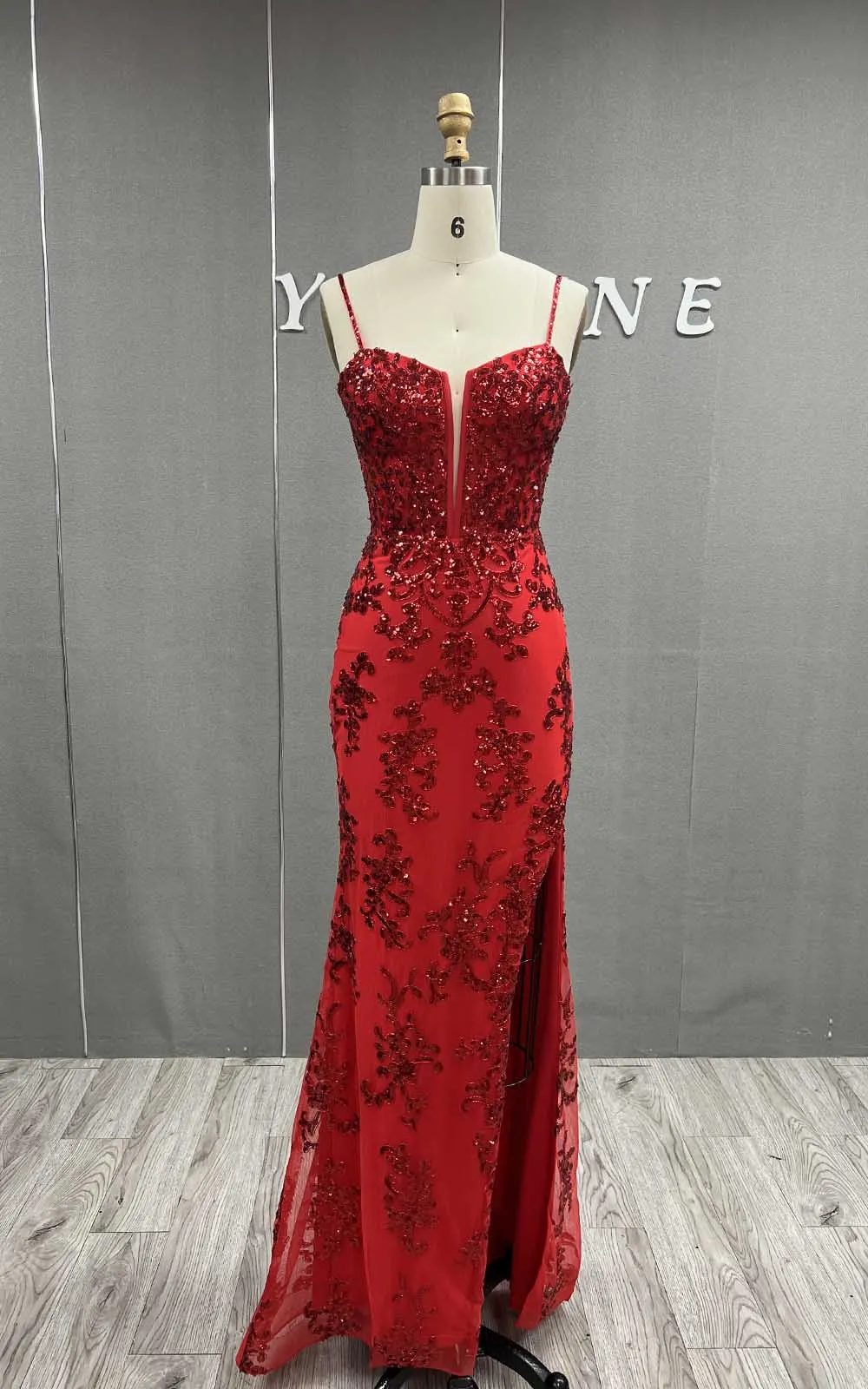 YQLNNE Red High Slit Long Prom Dresses Spaghetti Sequined Lace-up Formal Party Evening Gown