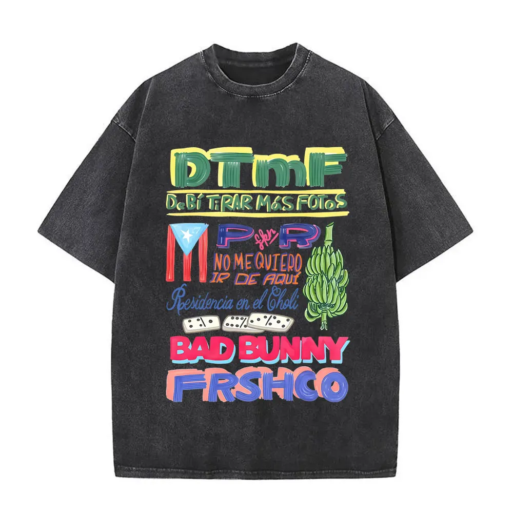 

Washed Vintage Bad Bunny Debi Tirar Mas Fotos DTMF T Shirts No Me Quiero Ir De Aquí Residency Tour T-shirt Male Hip Hop T-shirts