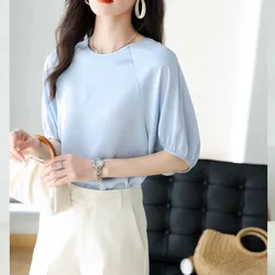 Women Chic Sagging Sensation Solid Chiffon Blouse Summer Casual Loose O-neck Short Sleeve Shirts Office Lady Fashion Elegant Top