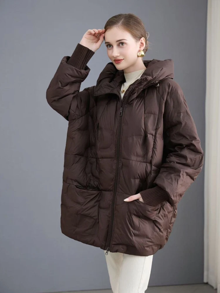 الشتاء الصلبة منتصف طول مقنعين أسفل سترة الإناث الدافئة سستة باركر أبلى المرأة الأبيض بطة أسفل جيب كبير فضفاض أسفل سترة #2