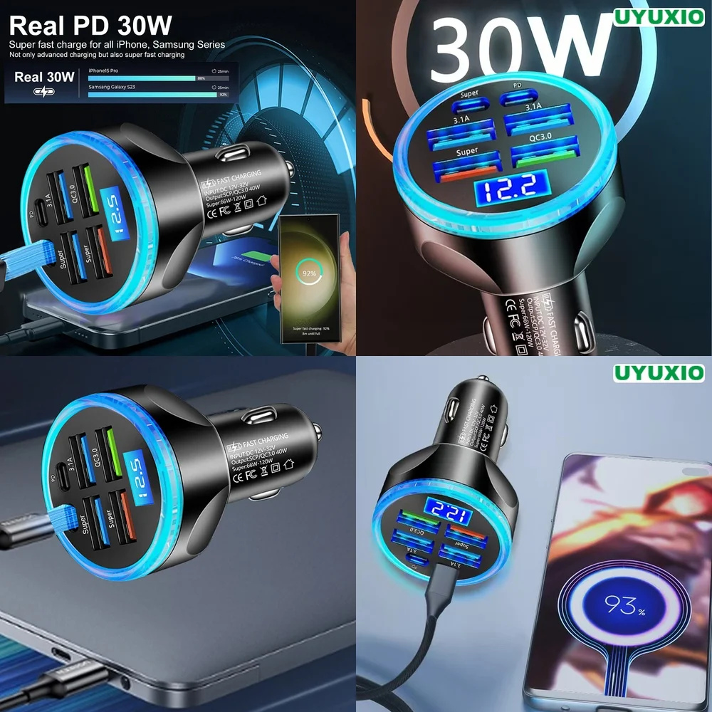 Carregador Veicular Super Rápido com Chip IC Inteligente de Carregamento Rápido, 6 Portas para iPhone 17 16 15 14 Pro Max Plus, Display Digital LED, PD 30W