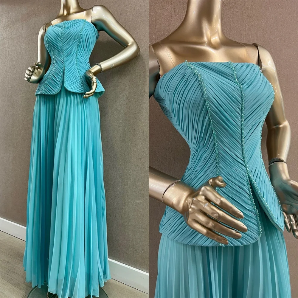 

Customized Exquisite Dark Blue Chiffon Evening Dress Simple Strapless Zipper Back Beading Sweep Train Special Occasion Gowns